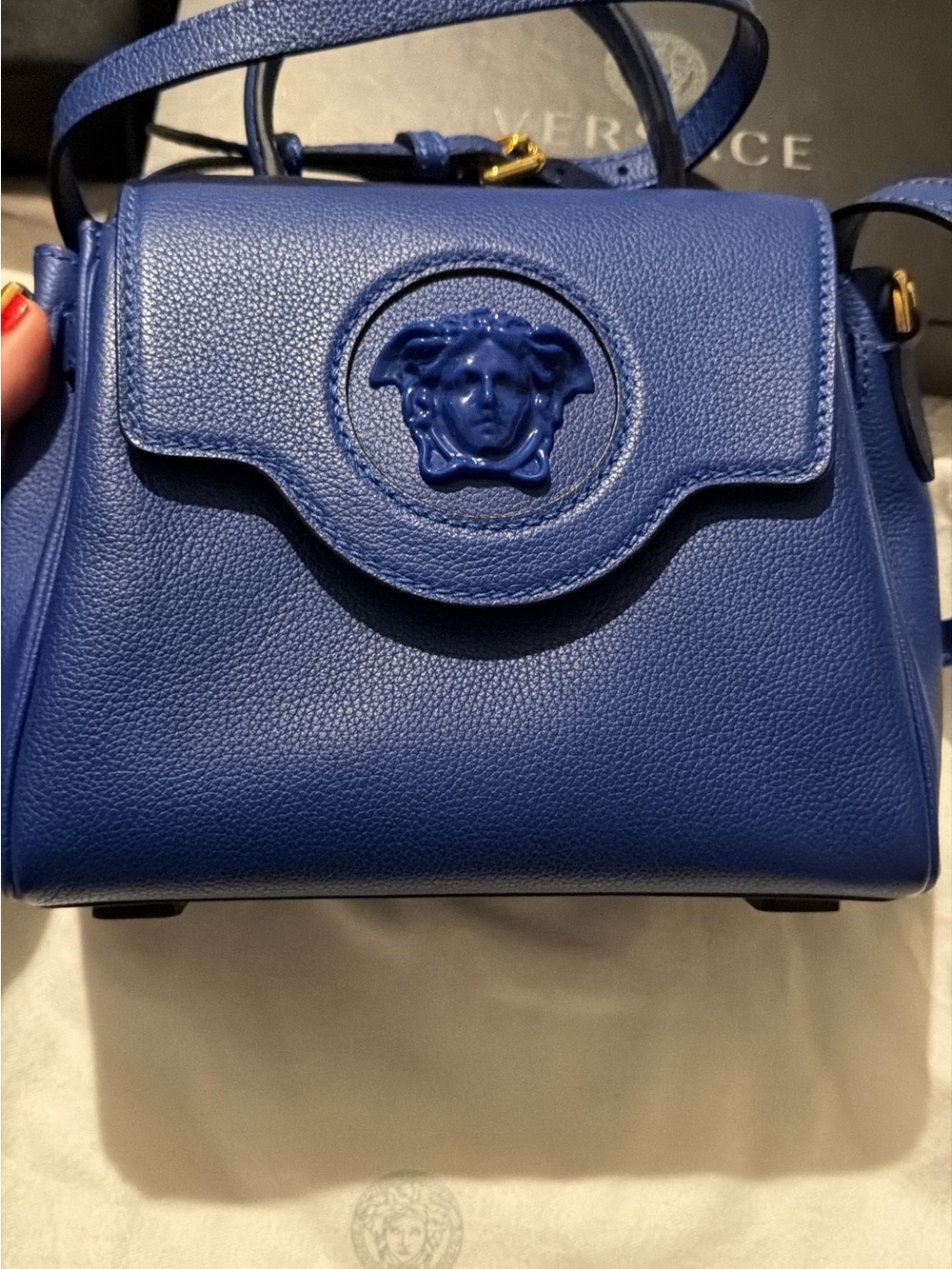 Versace Royal Blue Pebbled Leather Medusa Crossbody
